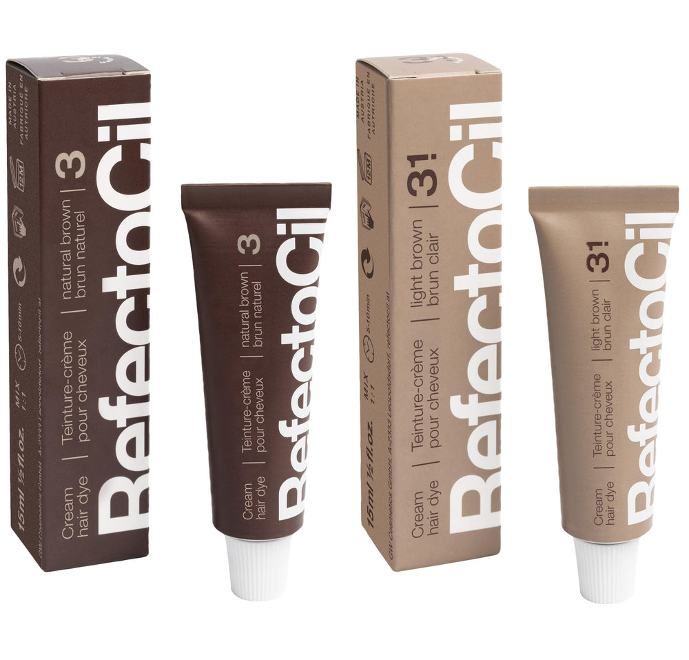 RefectoCil front packaging showing both Natural Brown and Light Brown, clear shade identification benefit