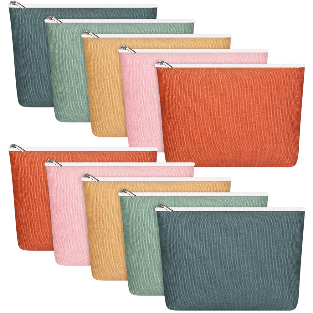 Reginary front view of ten colorful canvas makeup bags showing bright colors and organization benefit