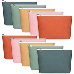 Reginary front view of ten colorful canvas makeup bags showing bright colors and organization benefit