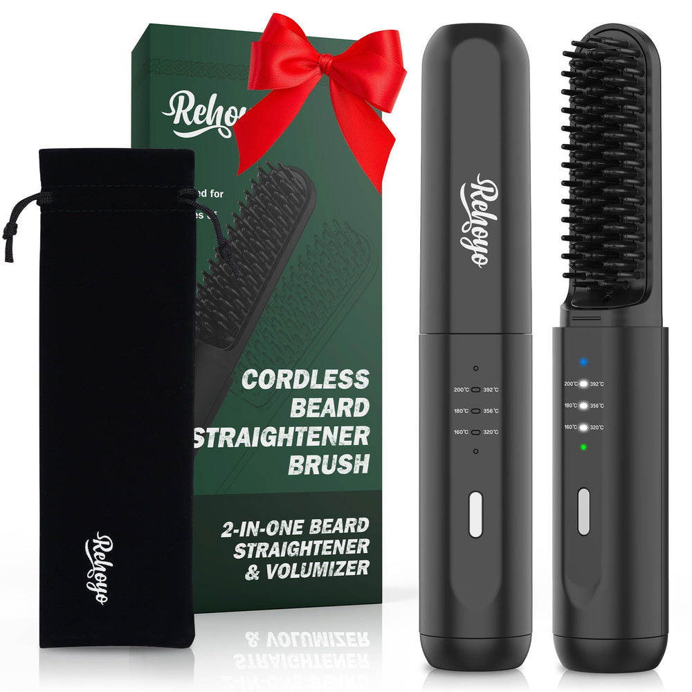 REHOYO front view cordless beard straightener showing compact design and portability
