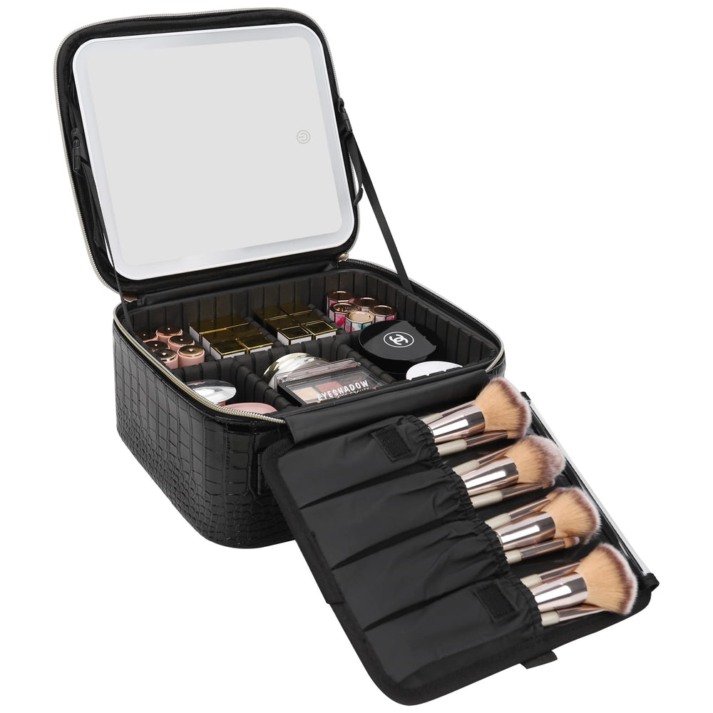 Relavel front view of closed train case showing compact protective design and portability