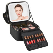 Relavel front view of black makeup bag showing sleek exterior and handle benefit portability