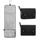 Relavel front view of hanging toiletry bag showing organized compartments and portability
