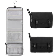 Relavel front view of hanging toiletry bag showing organized compartments and portability