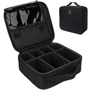 Relavel front view of black travel makeup case showing compact design and zipper handle