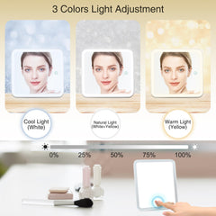 Relavel close-up of LED mirror controls showing color modes and dimming for precise lighting