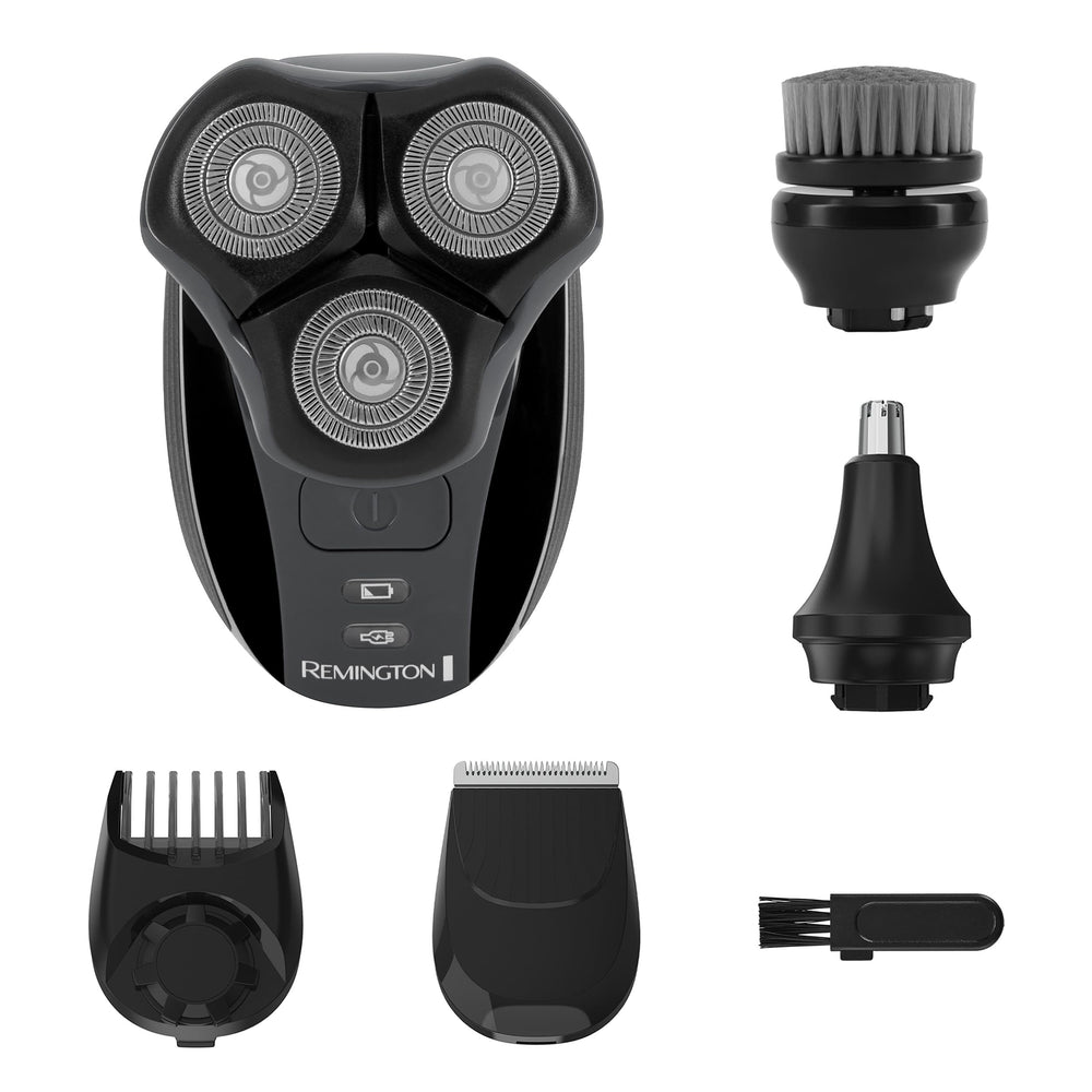 Remington Balder front view showing compact shaver and accessories for versatile grooming