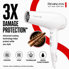 Remington hair dryer with concentrator and diffuser displayed for styling versatility