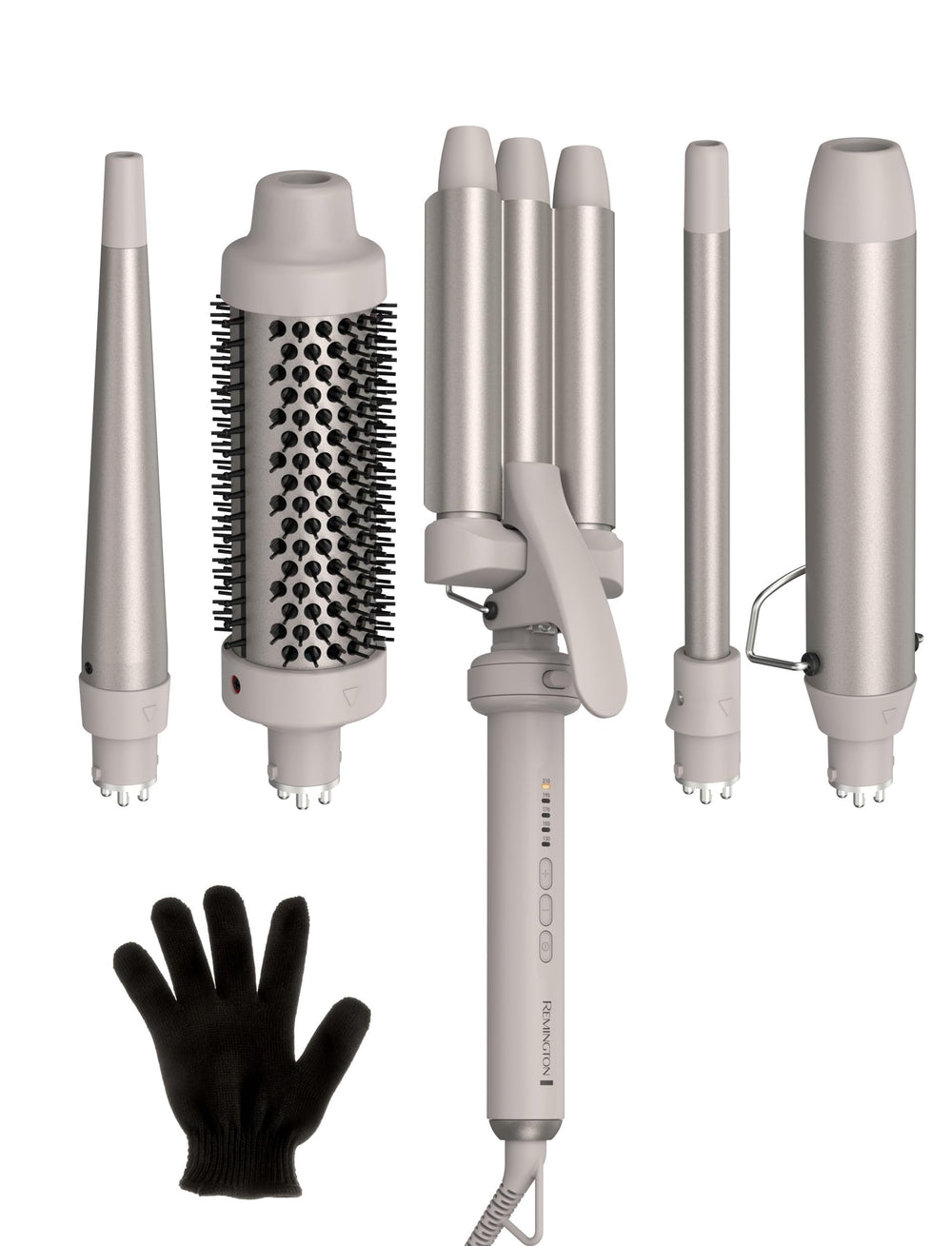Remington front packaging of 5-in-1 curling wand set showing complete kit and benefits