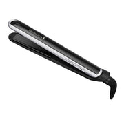 Remington flat iron front view showing sleek black white design and brand benefit