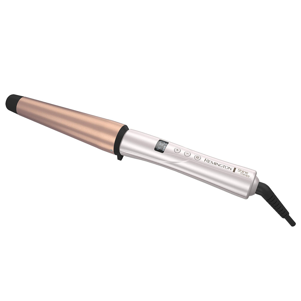 Remington tapered curling wand front view showing sleek barrel and handle, smooth results