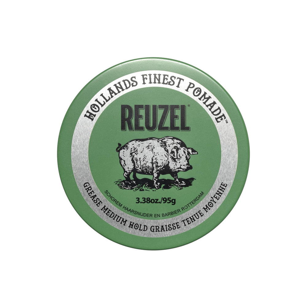REUZEL jar front view showing label and compact size, highlights classic barber styling