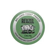 REUZEL jar front view showing label and compact size, highlights classic barber styling