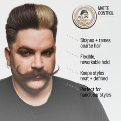 REUZEL mustache wax used to shape handlebar mustache showing strong hold benefit