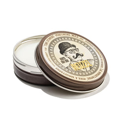 REUZEL mustache wax tin front showing label and compact size benefit