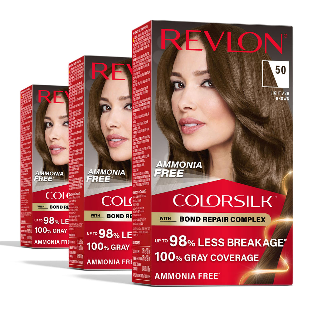 Revlon ColorSilk box front showing shade 50 Light Ash Brown and benefits