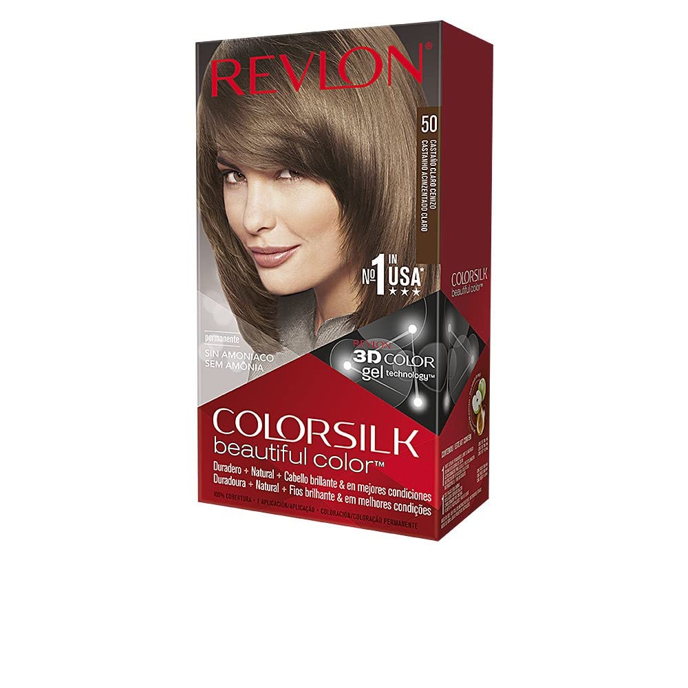 Revlon ColorSilk front packaging showing shade 50 Light Ash Brown and conditioning benefit