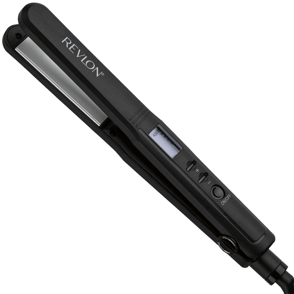 REVLON flat iron front view showing compact design and professional look, fast styling benefit