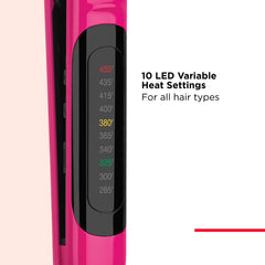 Revlon flat iron styling hair in use delivering shiny, frizz-reduced hair benefit