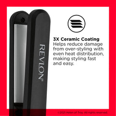 REVLON plate close-up showing triple ceramic coating for even heat and reduced damage