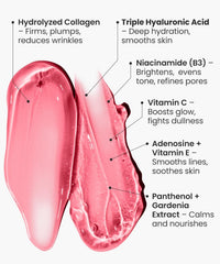 REVOMADIC ingredient label close-up listing collagen, hyaluronic acid, niacinamide benefits