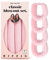 RIFFIN front packaging showing four velvet heatless curlers and satin wrap for easy styling