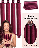 RIFFIN front packaging of velvet overnight curl rods showing contents and benefits