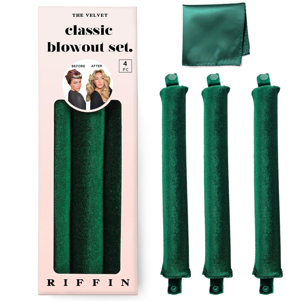 RIFFIN front packaging shows heatless rods and silk scarf for easy curls