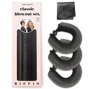 RIFFIN front packaging showing the three velvet overnight rods and satin wrap for easy curls