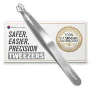 rinocos front view of round tip tweezers showing safe design and control