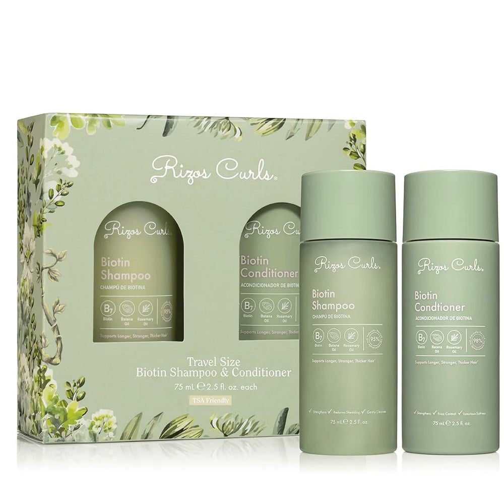 Rizos Curls travel bundle front packaging showing compact bottles and clear labeling benefits portability