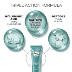 RoC eye cream application demo dotting under-eye area for gentle smoothing benefit