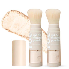 Roe Wellness front packaging showing brush-on powder and SPF 50 protection