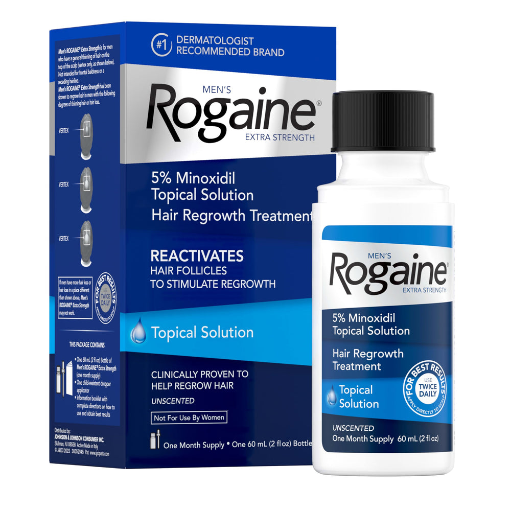 Rogaine front packaging 2 fl oz showing brand and benefit for hair regrowth