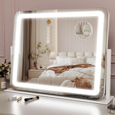 ROLOVE front view of 22x17 mirror showing full-face reflection and bright LEDs