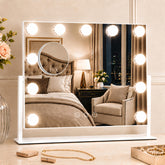ROLOVE front view of white Hollywood mirror with bright LED bulbs for flawless lighting