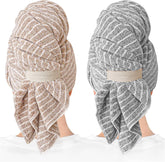 ROLSHOL front view of two towel wraps showing colors and packaging benefit quick drying