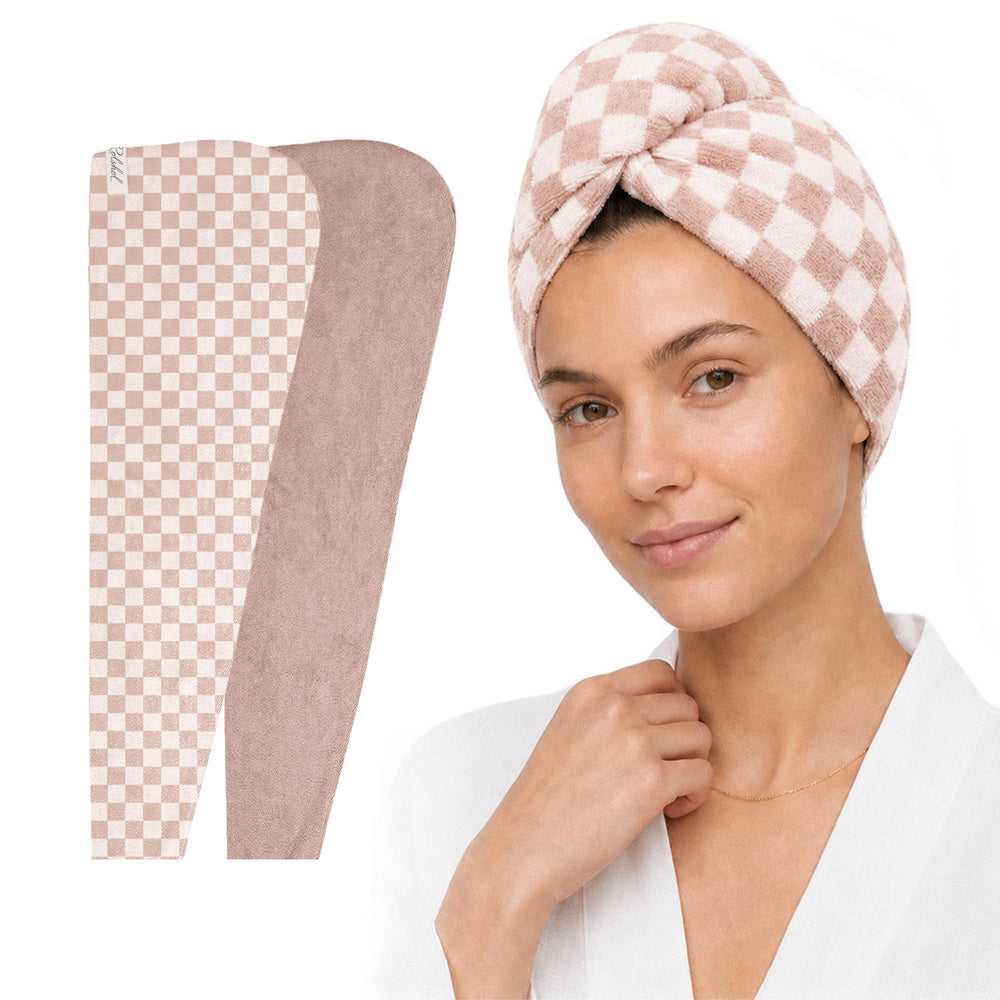ROLSHOL front view of two printed towel wraps, useful for quick drying