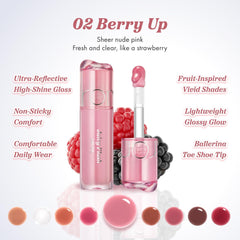 rom&nd texture swatch displaying glossy, clear oil with sheer berry tint and high shine