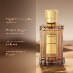ROMASS label close-up revealing fragrance name and volume details