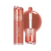 rom&nd front packaging of Juicy Flash Lip Oil 05 Pear Beige showing product label and shine