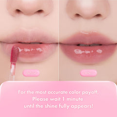 rom&nd worn on lips displaying warm rose color and juicy glow