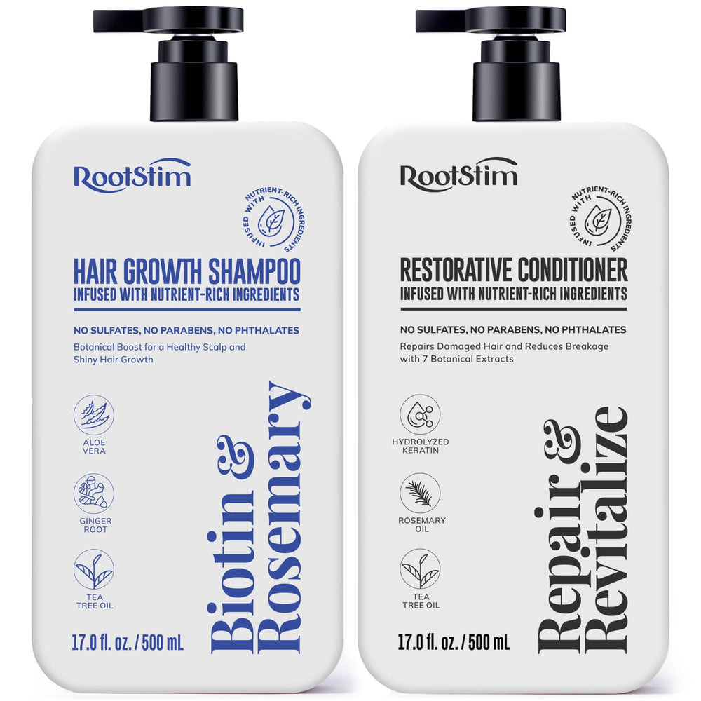RootStim front packaging duo showing both 16.9 fl oz bottles and botanical branding for fuller hair