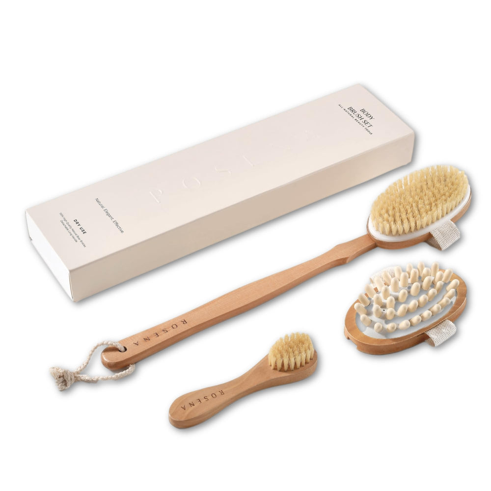 ROSENA front packaging showing complete dry brushing set and instructions benefits clarity