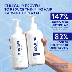 Routine Wellness shampoo pump close-up highlighting easy dispensing and gentle cleansing benefit