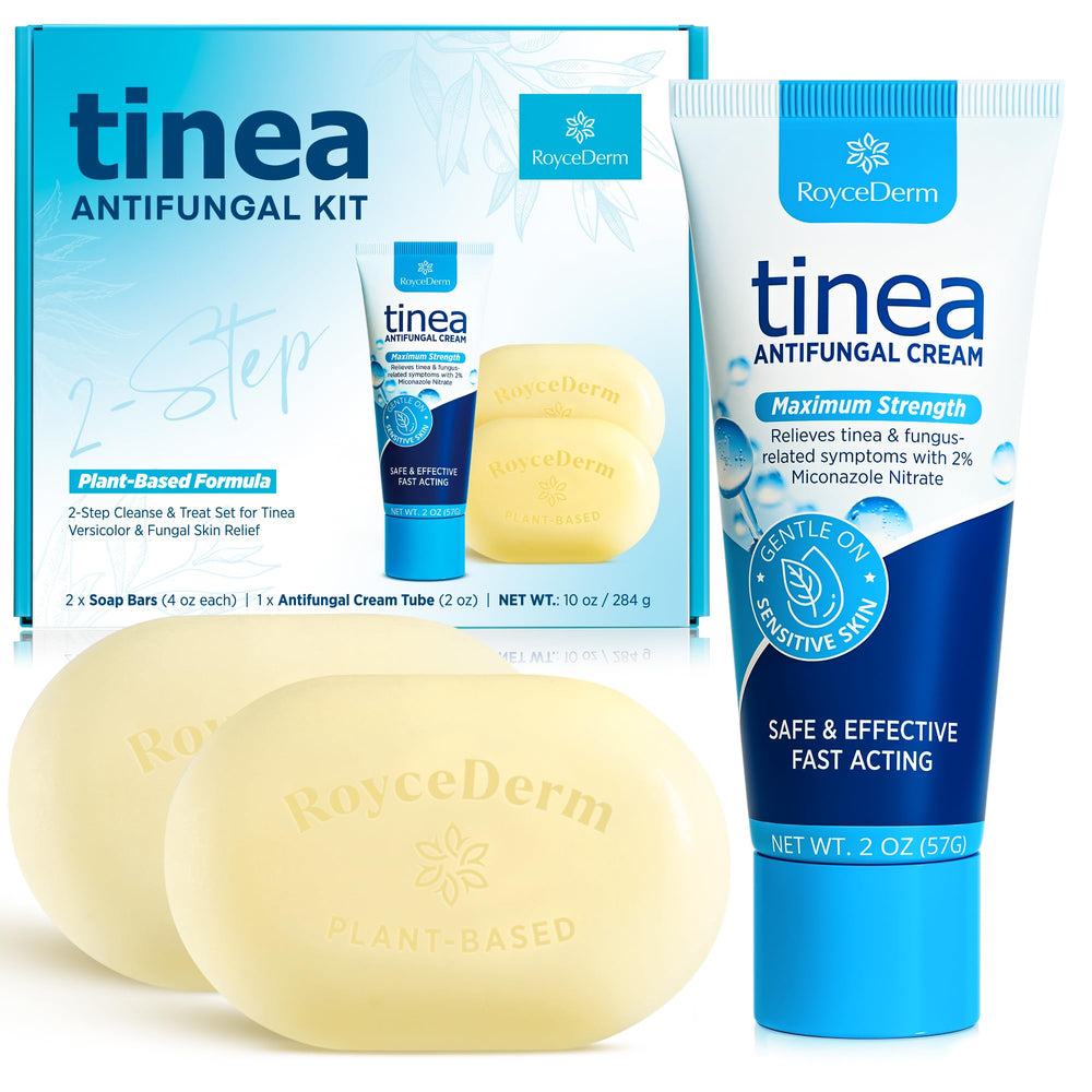 Roycederm front packaging showing both soap and cream, clear product identity and benefits