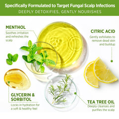 Roycederm scrub in hand being applied to scalp for refreshed, balanced feel