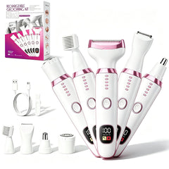 RUIM front view of shaver showing compact design and included heads for easy storage