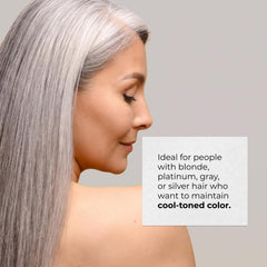 RUSK before and after tone comparison showing reduced brassiness and cooler silver tones