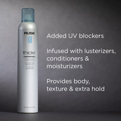 RUSK spray action on hair demonstrating lightweight mist that builds texture and lift
